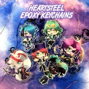 May include: A collection of six Heartsteel epoxy keychains featuring stylized anime-inspired characters with vibrant hair colors including teal, green, pink, and red. Each keychain includes a black metal clasp and displays unique character designs.