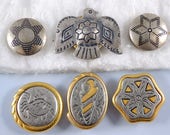 Silver, Pewter Gold Button Covers - Native American Southwestern Thunderbird Fish Shell - Mixed Lot Buttons - Vintage Sewing Accessory