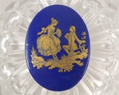 Vintage Cameo Courting Couple - Gold on Blue Glass Cabochon - Courting Couple - 18th Century Scene - 40 x 30mm - Vintage Craft Accessory