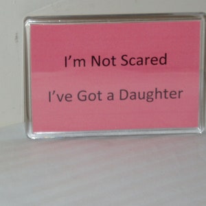 Op de afbeelding: Een roze rechthoekig bord met een transparant plastic frame. Het bord staat "I'm Not Scared I've Got a Daughter".