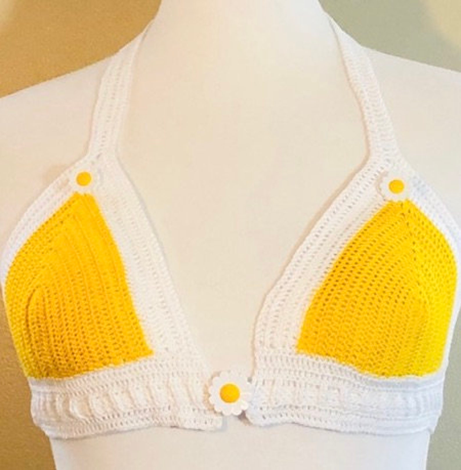 Hand crocheted yellow bikini top with daisy accents. | Etsy