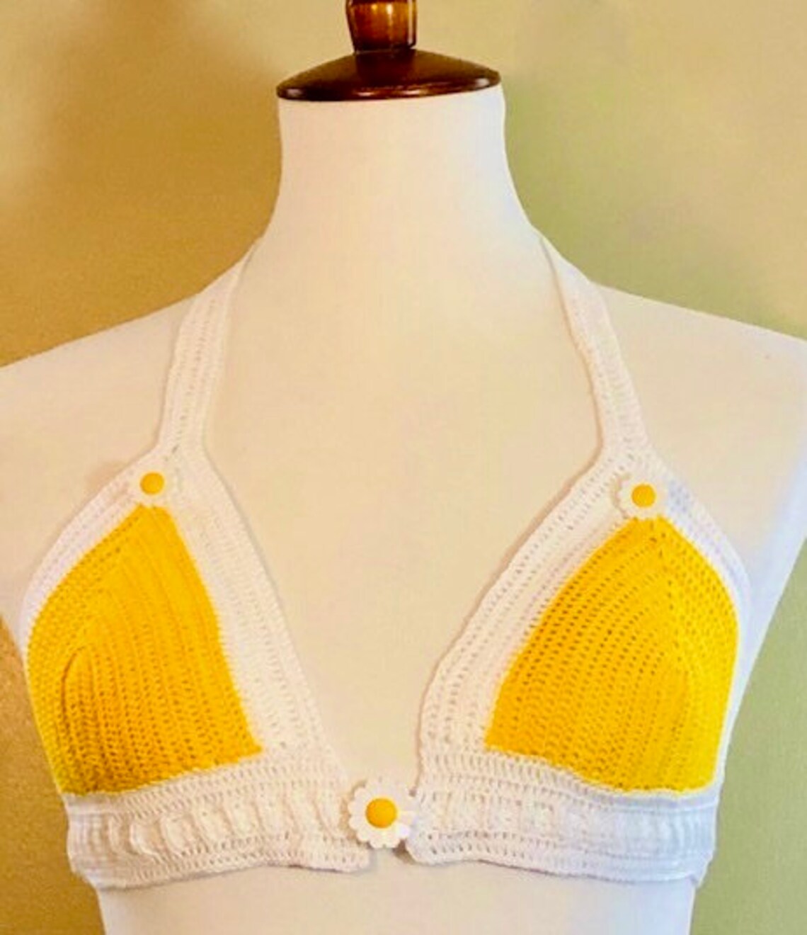 Hand crocheted yellow bikini top with daisy accents. | Etsy