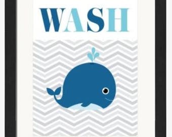 8x10 Set of 3: Wash Brush Flush Blue Sea Animals Bathroom - digital prints