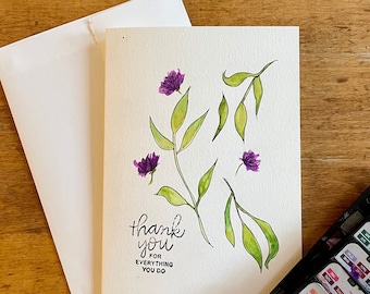 Hand-painted watercolour thank you card