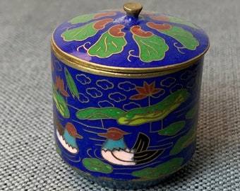 Vintage Chinese Cloisonne Enamel Trinket Box Ducks, Lilys and Water Scene