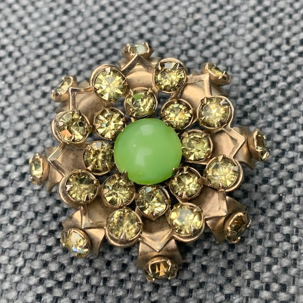 Vintage Green Rhinestone Sparkly Flower Three Dimensional Brooch with Cabochon Pearl Center, c. 1950s