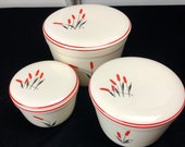 Three Vintage Universal Potteries Sears Roebuck Co. Cattails Nesting Covered Bowls or Canisters Rare Condition