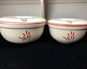 Two Vintage Universal Cattails Covered Casserole Dish, White Glazed Stoneware With Cattail Design Lidded Serving Bowl