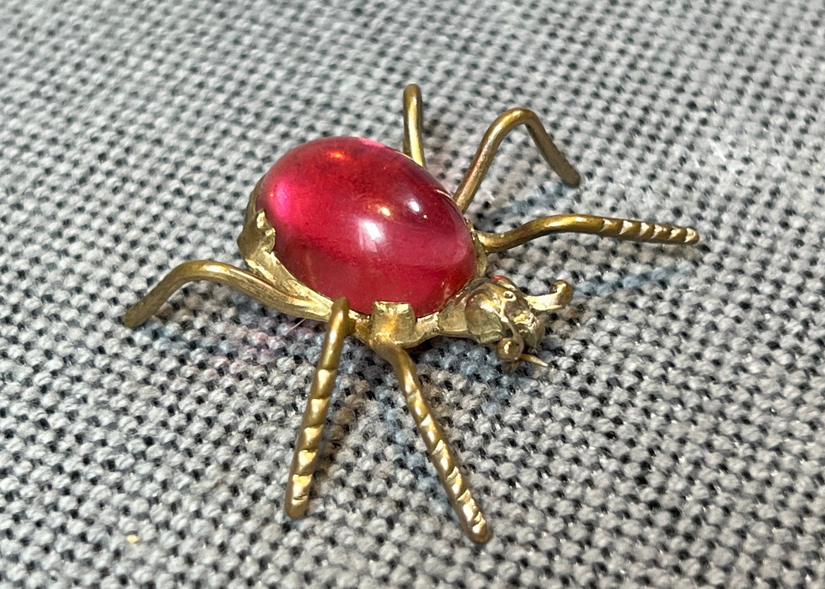 Vintage Gold & Pink Spider Brooch Oval Jelly Belly Spider 