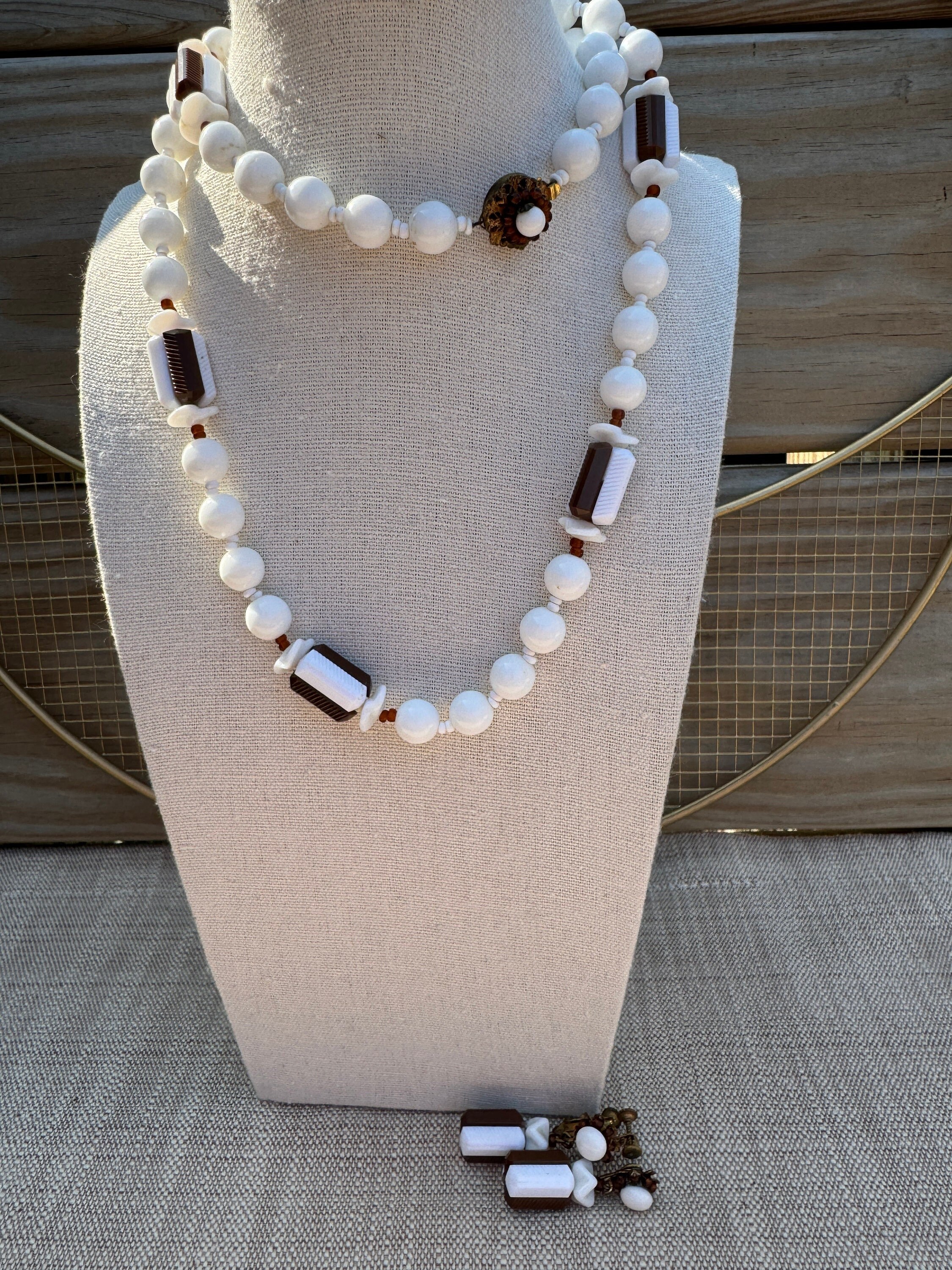 Vintage Miriam Haskell Milk Glass & Brown Bead Necklace and 