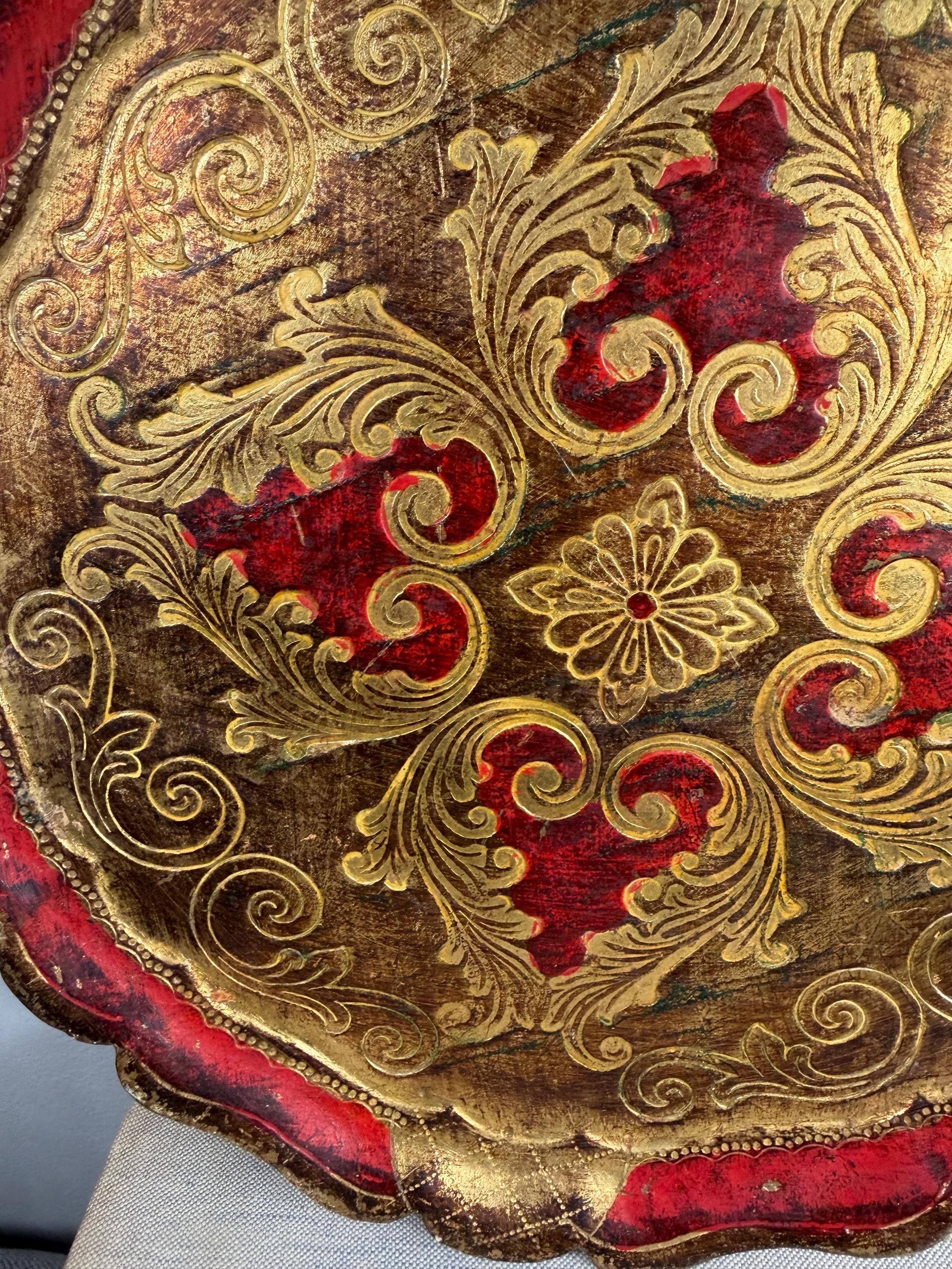 Vintage Italian Florentine Wood Tray, Gold Gilt Red Tole Style Vanity ...