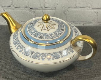 Fancy Vintage Charles Ahrenfeldt Limoges France Blue & White Florentine Gold Trim Coffee or Tea Pot, c. 1945 - 1969