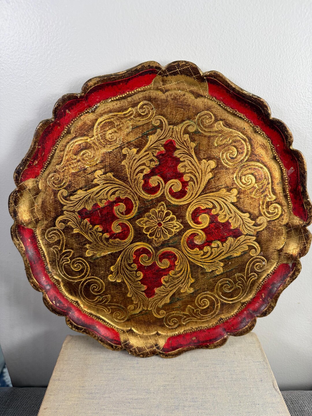 Vintage Italian Florentine Wood Tray, Gold Gilt Red Tole Style Vanity ...