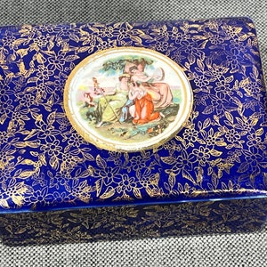 Vintage English Cobalt Gilt Floral Decorated Dresser Vanity Covered Trinket Box, Maidens in Garden, Signed, c. 1960s