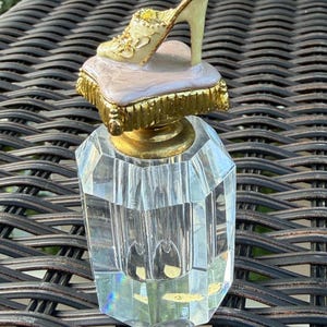 Vintage Crystal Perfume Bottle, Porcelain High Heel Stopper, Vanity Decor (3.5")