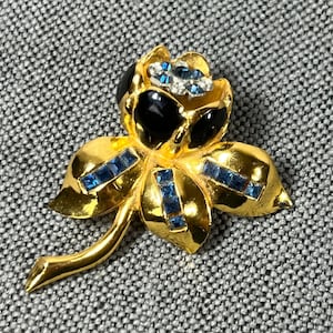 Vintage Coro Trembler Camellia Fur Clip Brooch Royal Blue Enamel and Rhinestone Designer Jewelry, c. 1940s