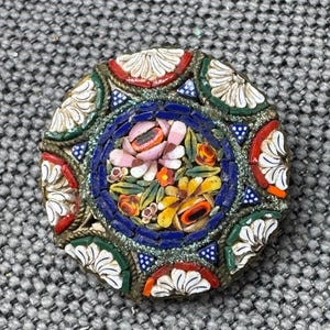 Victorian Italian Micro Mosaic Floral Decorated Brooch Pin, C Clasp, Gorgeous