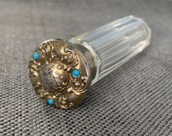 Sterling Silver Art Nouveau Repousse Inset Bezel Set Turquoise Cut Glass Vanity Dresser Scent Perfume Bottle, Monogrammed, Signed W