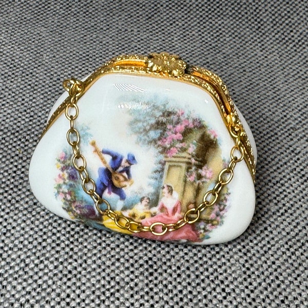 Vintage Imperia Limoges France Box Purse Handbag, Victorian Courtship Trinket Box