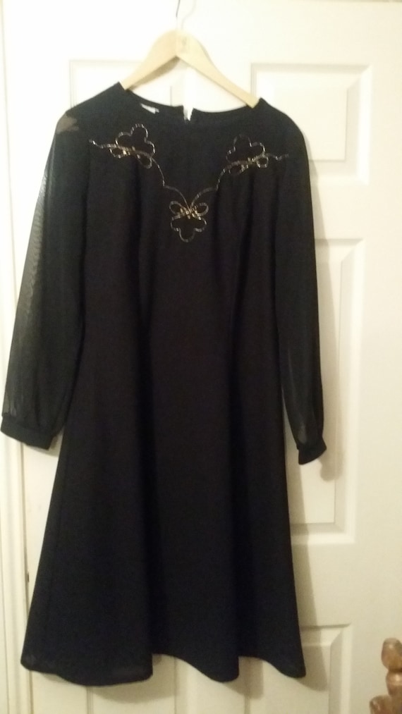 1960s Black Vintage Dress Delicate Rose Gold Sequin US 8 Fit and Flare Midi Style