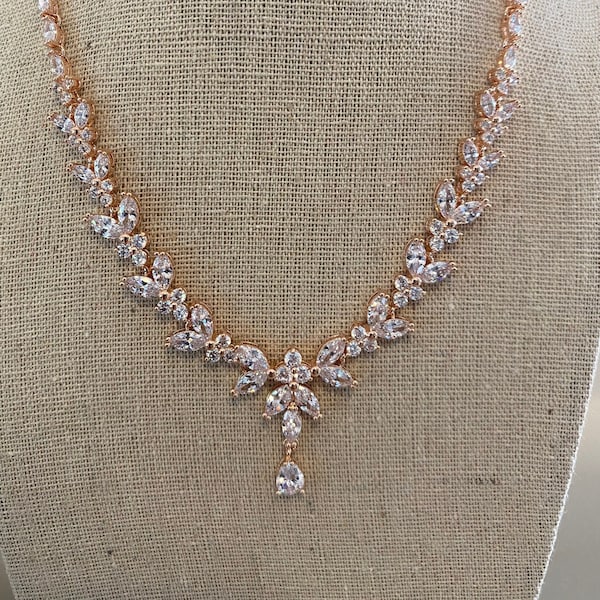 High Quality Rose Gold Wedding Jewelry Set | Bridal Necklace & Earrings Set | Rose Gold Jewelry Set for Weddings | Cubic Zirconia Jewelry