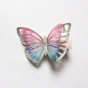 Pu&ograve; includere: Un fermaglio per capelli a forma di farfalla con paillettes argentate e ali iridescenti rosa e blu.