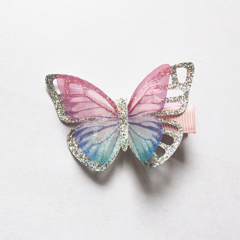 Pu&ograve; includere: Un fermaglio per capelli a forma di farfalla con paillettes argentate e ali iridescenti rosa e blu.