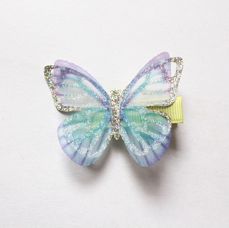 Pu&ograve; includere: Un fermaglio per capelli a forma di farfalla blu chiaro e viola con accenti di glitter. Il fermaglio &egrave; realizzato in tessuto trasparente e ha una clip a coccodrillo verde.