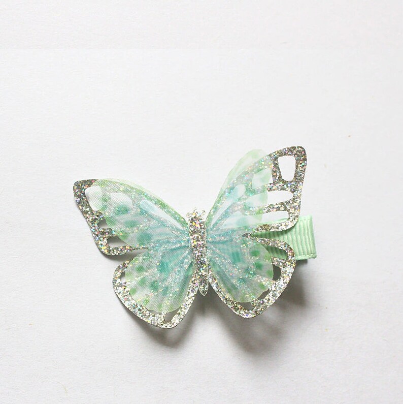 Pu&ograve; includere: Un fermaglio per capelli a forma di farfalla verde con glitter e contorno argentato.