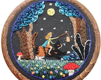 Whimsical Unique Embroidery Starter Kit | Beginner Embroidery Kit | DIY Embroidery Starter Kit | All Materials Included | Woman & Cat