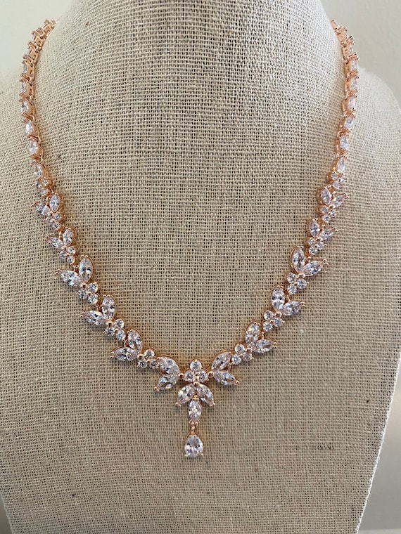 High Quality Rose Gold Wedding Jewelry Set | Bridal Necklace & Earrings Set | Rose Gold Jewelry Set for Weddings | Cubic Zirconia Jewelry