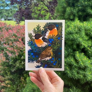 May include: A postcard featuring a colorful illustration of three birds perched on a branch of a juniper bush with blue berries. The birds are brown, black, orange, and white.