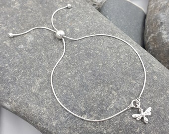 Bee Bracelet,  Bee Slider Bracelet, 925 Sterling Silver, Adjustable Bracelet