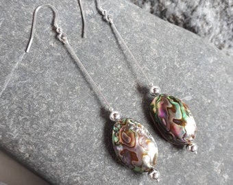 Abalone Earrings, Abalone Shell Earrings, 925 Sterling Silver, Long drop Earrings.