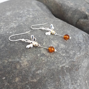 Bee Earrings, Bumble Bee Earrings, Amber Earrings, Bee and Amber earrings, 925 Sterling Silver, Baltic Amber & Bee Drop Earrings