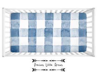 Farmhouse Crib Sheet / blue and white plaid sheet / farmhouse baby bedding / boys plaid nursery bedding / farmhouse denim plaid baby bedding