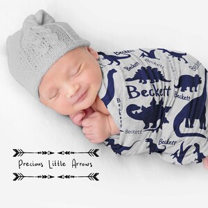 Navy and Gray Personalized Dinosaur Swaddle Blanket / Personalized baby shower gift / Boy&#39;s gray Dinosaur Nursery / Navy Dinosaur blanket