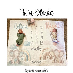 Twin Elephant Milestone Blanket / Boy Girl Twins / Girl Twins / Personalized Elephant baby blanket / Elephant baby name sign