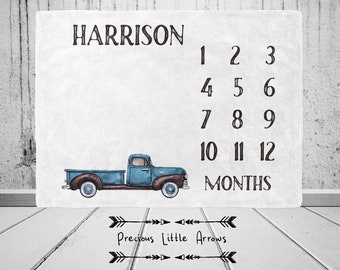 Vintage Truck Milestone Blanket/ Boys milestone blanket/ custom baby blanket / baby boy personalized gift / monthly photo blanket