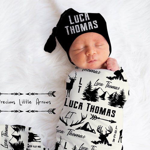 Personalized Swaddle Blanket Hat Set With Leaves custom Baby Etsy