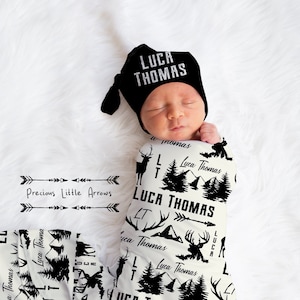 Personalized Deer Swaddle Set / custom hunting baby blanket/ woodland nursery/ hunter newborn blanket/ boys hospital name announcement