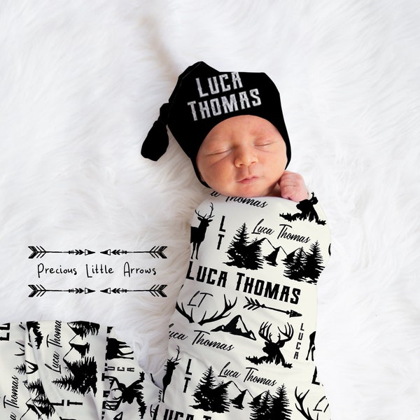 Personalized Deer Swaddle Set / custom hunting baby blanket/ woodland nursery/ hunter newborn blanket/ boys hospital name announcement