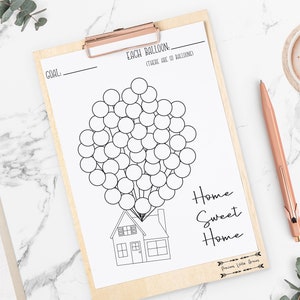 May include: A printable black and white 'Home Sweet Home' themed goal tracker with a house and balloons. Each balloon represents a step towards a goal. The text 'Each Balloon -  Think of it as 50 Balloons' is at the top of the page.