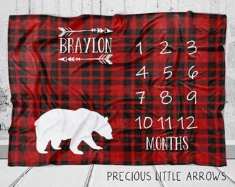 Black Bear Plaid Milestone Blanket / plaid black bear milestone blanket/ arrows and buffalo plaid blanket/ black bear nursery