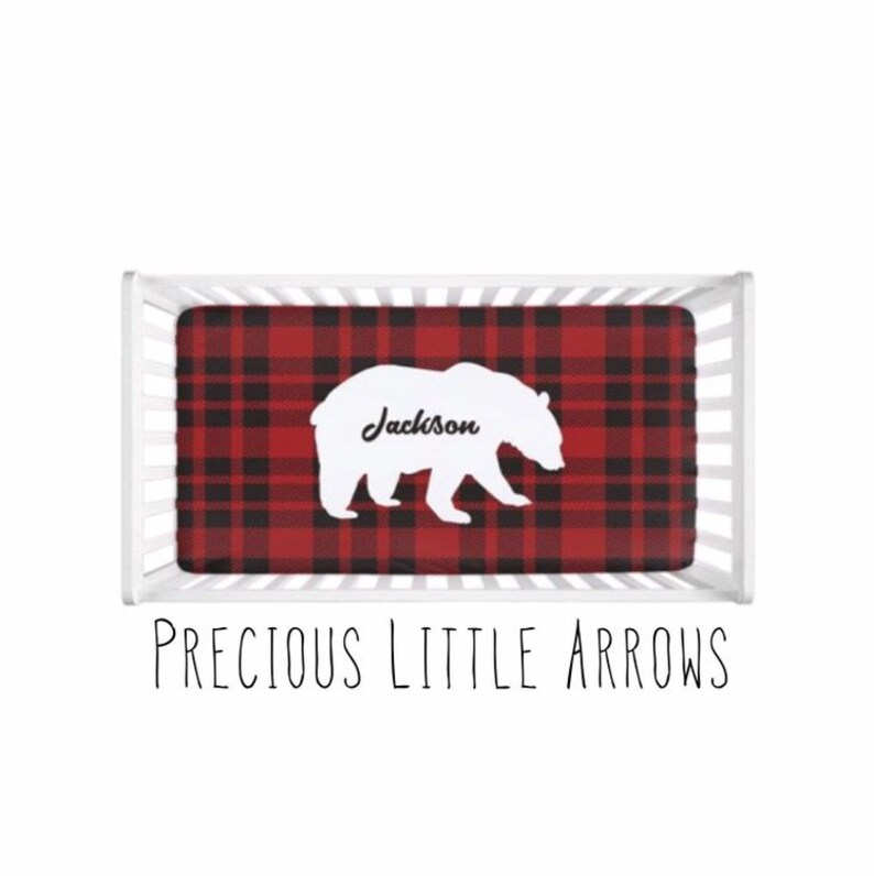 Personalized Plaid Bear Crib Sheet black bear custom crib sheet buffalo plaid bedding custom boys nursery bedding baby shower gift