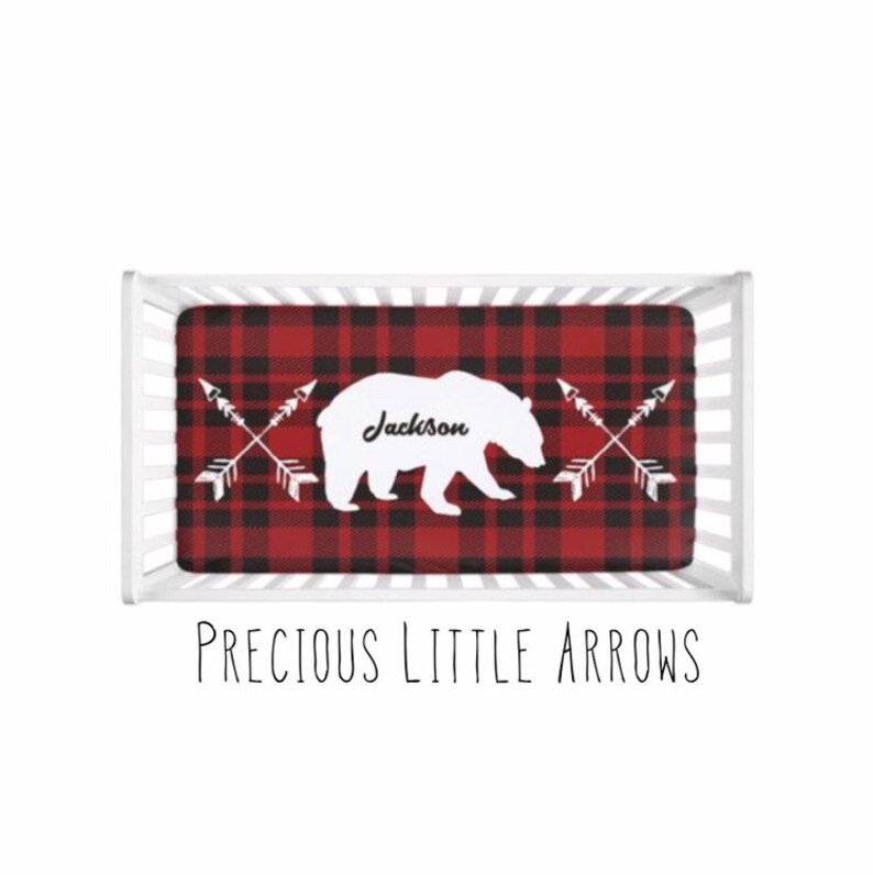 Personalized Plaid Bear Crib Sheet black bear custom crib sheet buffalo plaid bedding custom boys nursery bedding baby shower gift