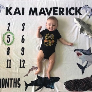 Shark Milestone Blanket / Personalized baby blanket/ ocean nursery/ Custom Baby Shower Gift / monthly photo blanket/ monthly milestones boy