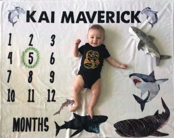 Shark Milestone Blanket / Personalized baby blanket/ ocean nursery/ Custom Baby Shower Gift / monthly photo blanket/ monthly milestones boy