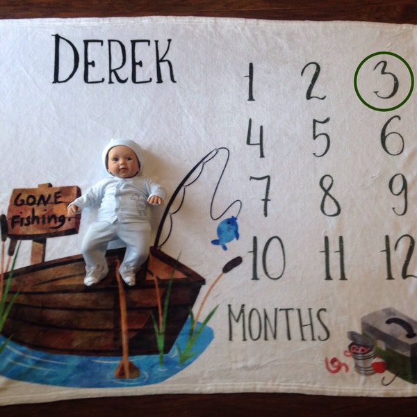 Fishing Milestone Blanket -custom fishing baby pillow/ custom baby gift /fishing photo blanket/ custom milestone blanket