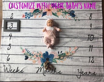 Blush & Navy Floral Milestone Blanket/ Watch me grow / Personalized blanket for baby girl / Girl's Baby shower gift